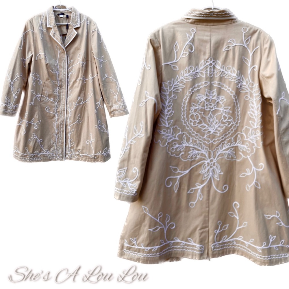 RARE 🆕 Chris.Tan Khaki Denim Embroidered Duster Coat Jacket Sz 22